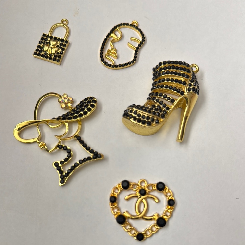 Gold and Black Brooch Set with Crystal Accents